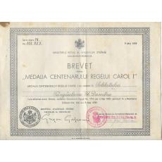 BREVET "MEDALIA CENTENARULUI REGELUI CAROL I", 1939