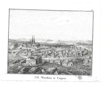 GRAVURA, Panorama orasului ORADEA " WARDEIN IN UNGARN " , autor Carl Hellfarth"s , 1828